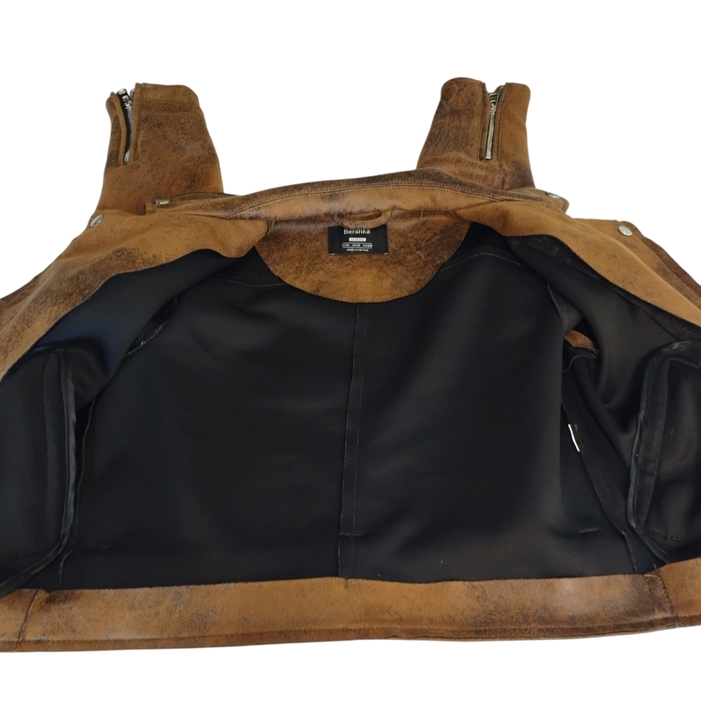 Bershka Women's Size Medium Brown Faux Suede /Leather Cropped Jacket ZIP Up Belt - Picture 7 of 8